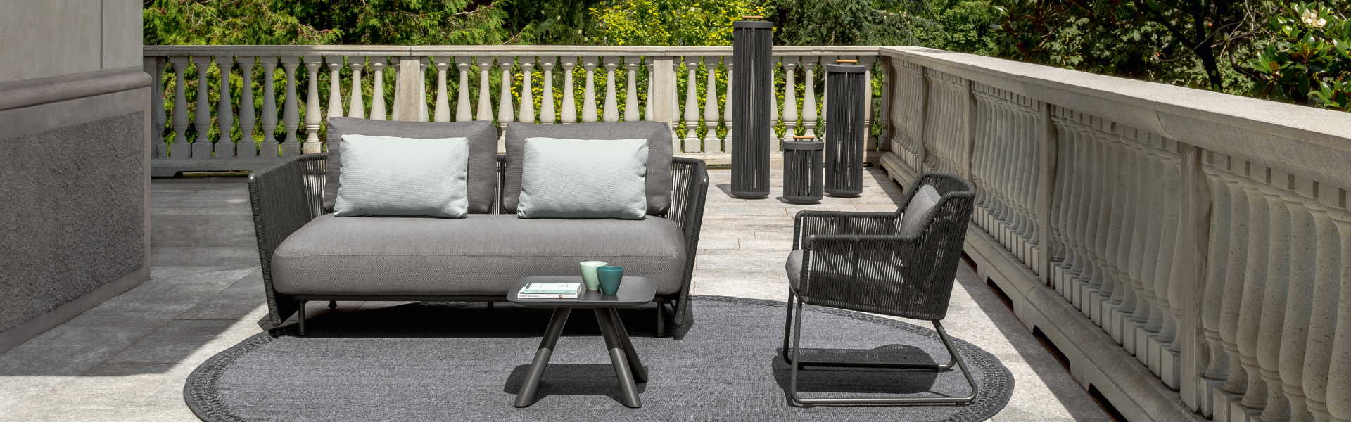 02 Talenti Coral slider desktop 2 seater sofa w rope lounge armchair, coffee table and lamps