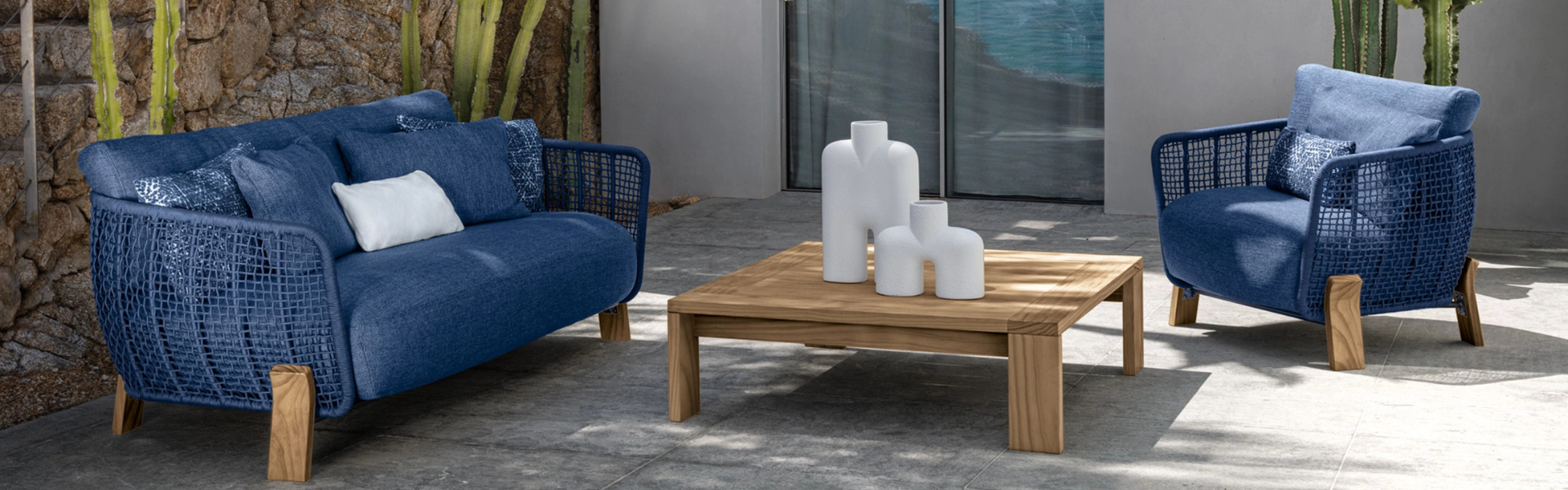 03 Talenti Argo slider desktop love seat blue sofa w living armchair w coffee table