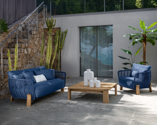 03 Talenti Argo slider mobile love seat blue sofa w living armchair w coffee table