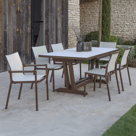 Les Jardins Amaka 07 Ceramic Extendable Table Stackable Chair Armchair aluminum cream canvas