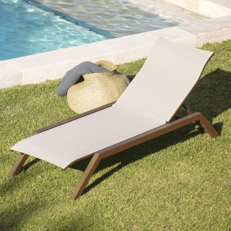 Les Jardins Amaka 10 Sunlounger Aluminium Corten Mocha mottled woven fabric