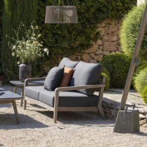 Les Jardins Copenhague 02 2 Seats Sofa grafito grey Sunbrella cushions Large Low Table Coffee Table