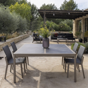 Les Jardins Copenhague 10 Square table slate HPL top Dining Chairs grafito woven canvas