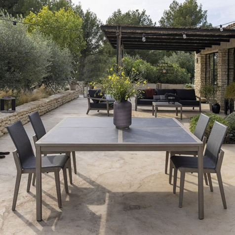 Les Jardins Copenhague 10 Square table slate HPL top Dining Chairs grafito woven canvas